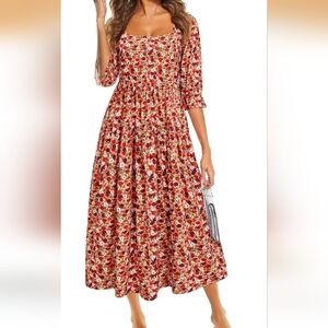 Floral Square-Neck Midi Dress - Red Multi